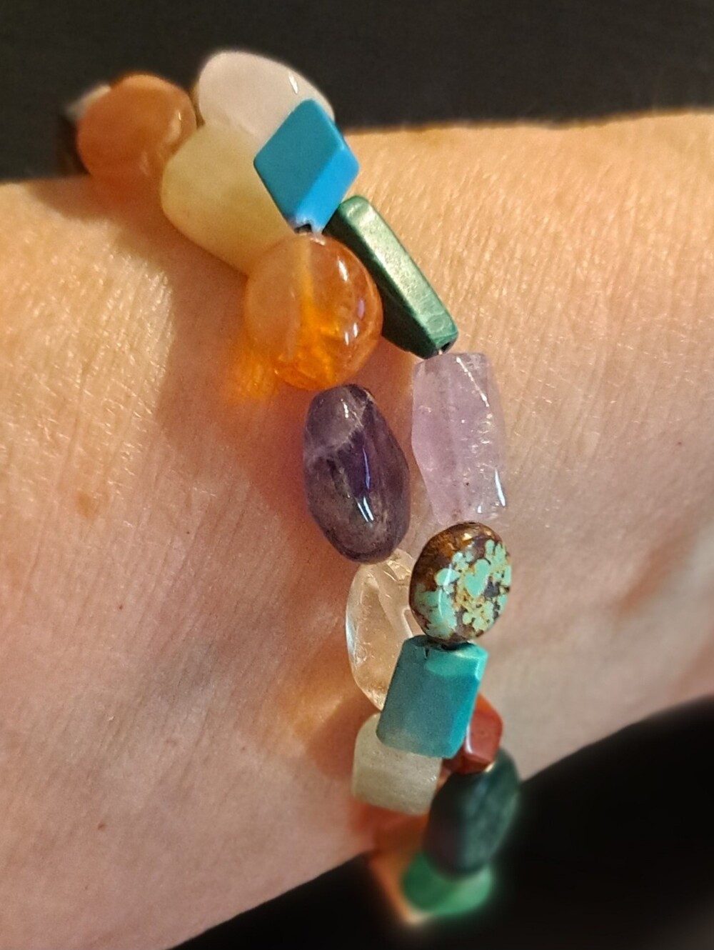 Handcrafted Multi-Gemstone, Multicolor Two Strand Bracelet in Gold